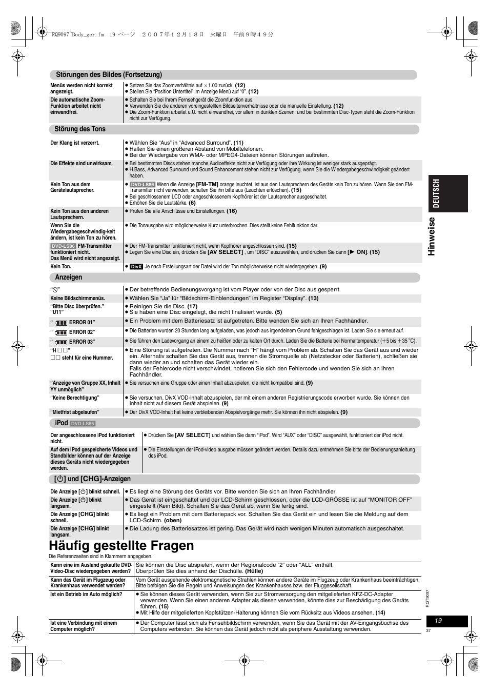 Häufig gestellte fragen, Hi nw ei se | Panasonic DVDLS83 User Manual | Page 37 / 108