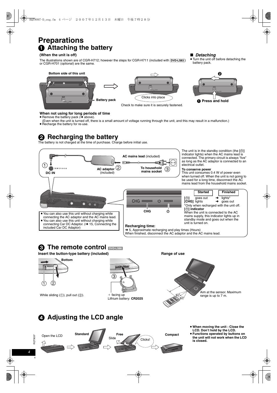 Preparations, 1 attaching the battery 2 recharging the battery, 3 the remote control | 4 adjusting the lcd angle | Panasonic DVDLS83 User Manual | Page 4 / 108