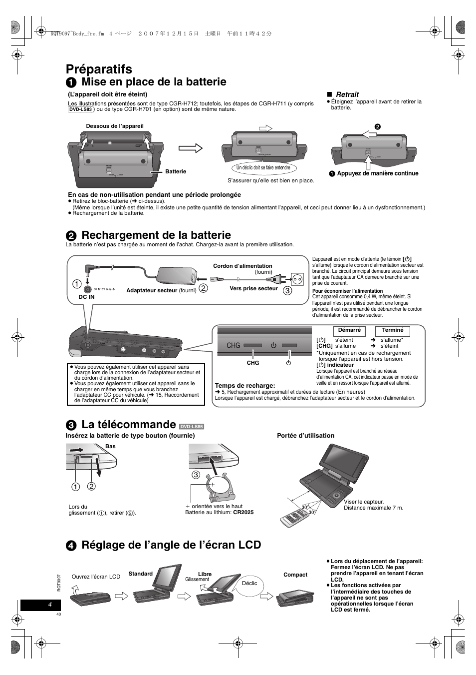 Préparatifs, 3 la télécommande, 4 réglage de l’angle de l’écran lcd | Panasonic DVDLS83 User Manual | Page 40 / 108