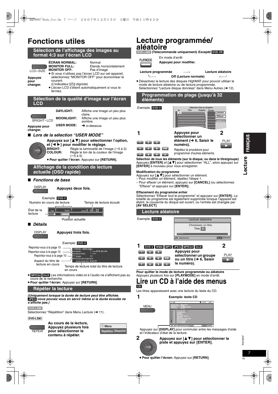 Fonctions utiles, Lecture programmée/ aléatoire, Lire un cd à l’aide des menus | Lectur e, Sélection de la qualité d’image sur l’écran lcd, Répéter la lecture | Panasonic DVDLS83 User Manual | Page 43 / 108