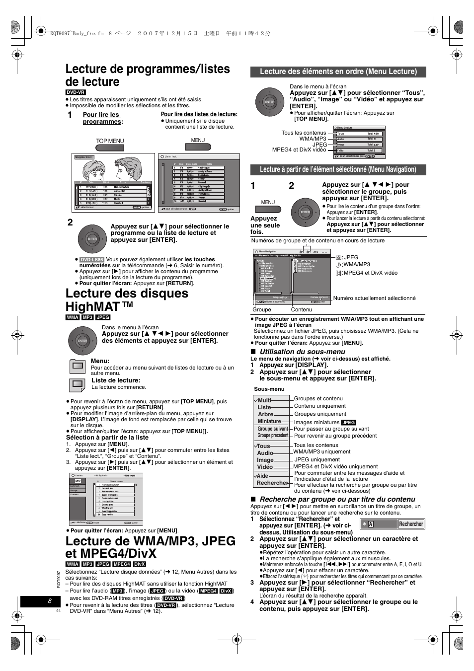 Lecture de programmes, Listes de lecture, Lecture des disques highmat | Lecture de wma/mp3, jpeg et mpeg4/divx, Lecture des éléments en ordre (menu lecture), Utilisation du sous-menu, Recherche par groupe ou par titre du contenu | Panasonic DVDLS83 User Manual | Page 44 / 108