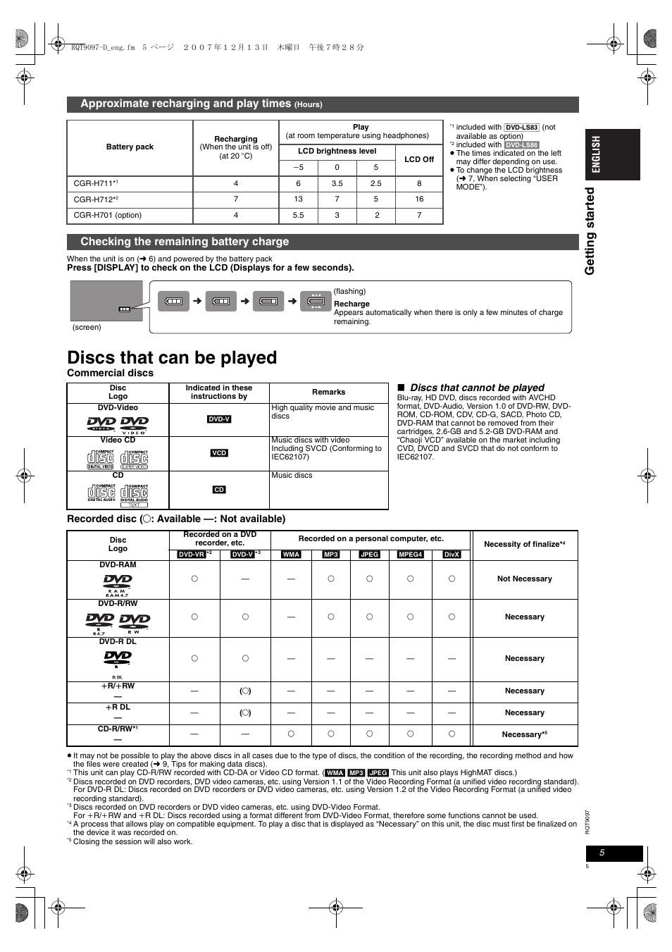 Discs that can be played, Gett in g st ar te d, Approximate recharging and play times | Checking the remaining battery charge | Panasonic DVDLS83 User Manual | Page 5 / 108