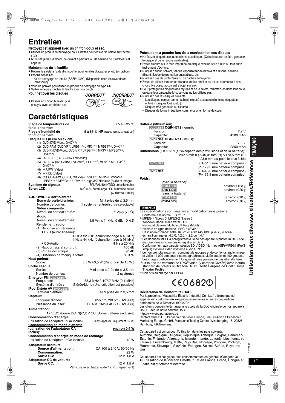 Entretien, Caractéristiques | Panasonic DVDLS83 User Manual | Page 53 / 108