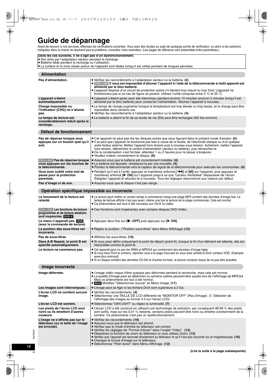 Guide de dépannage | Panasonic DVDLS83 User Manual | Page 54 / 108