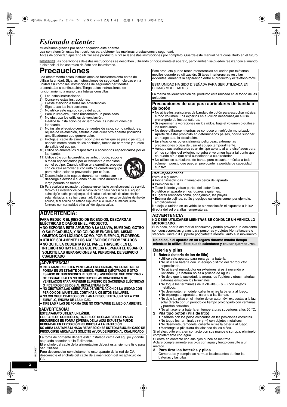 Estimado cliente, Precauciones, Advertencia | Panasonic DVDLS83 User Manual | Page 56 / 108