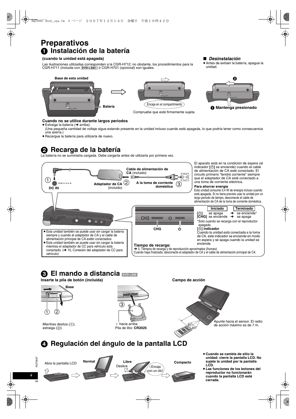 Preparativos, 3 el mando a distancia, 4 regulación del ángulo de la pantalla lcd | Panasonic DVDLS83 User Manual | Page 58 / 108