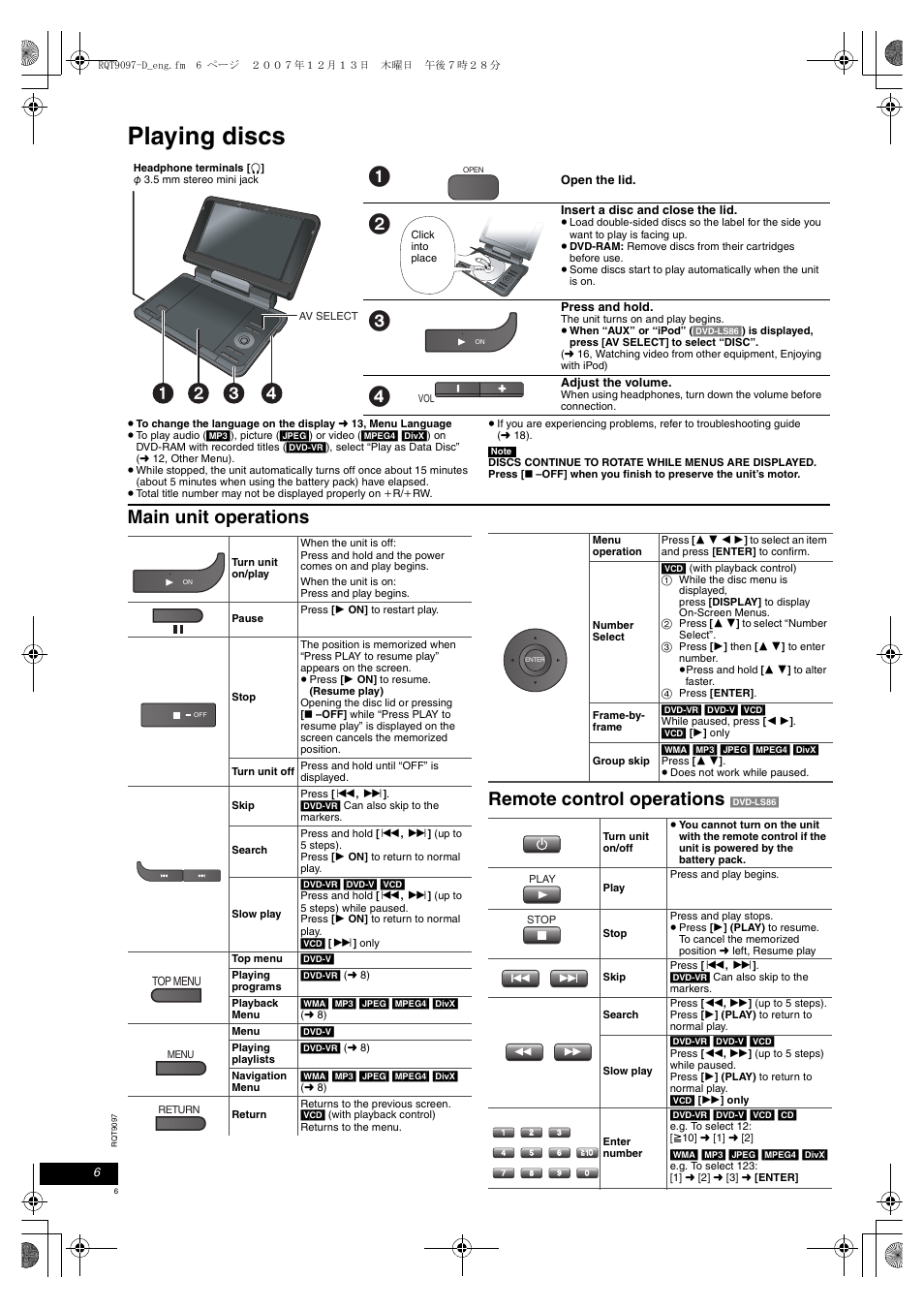 Playing discs, Main unit operations remote control operations | Panasonic DVDLS83 User Manual | Page 6 / 108