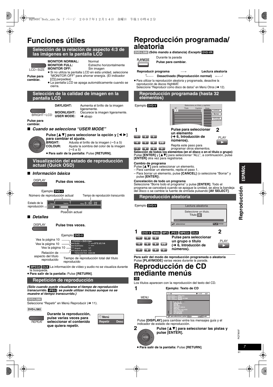 Funciones útiles, Reproducción programada/ aleatoria, Reproducción de cd mediante menús | Repr oduc ción, Repetición de reproducción, Cuando se selecciona “user mode, Información básica, Detalles | Panasonic DVDLS83 User Manual | Page 61 / 108