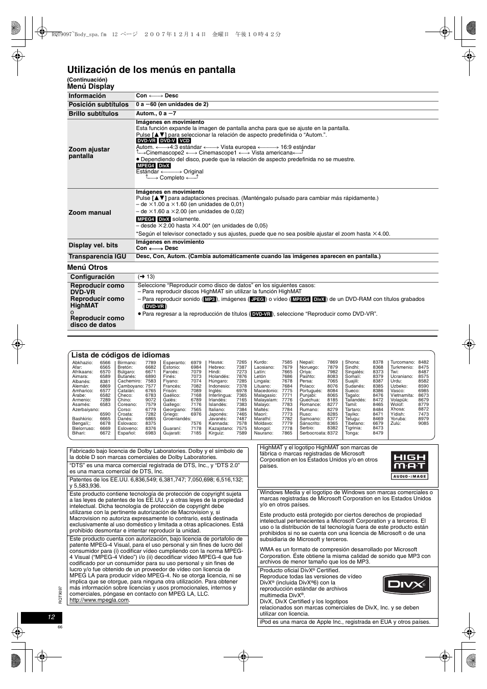 Utilización de los menús en pantalla, Menú display menú otros, Lista de códigos de idiomas | Panasonic DVDLS83 User Manual | Page 66 / 108