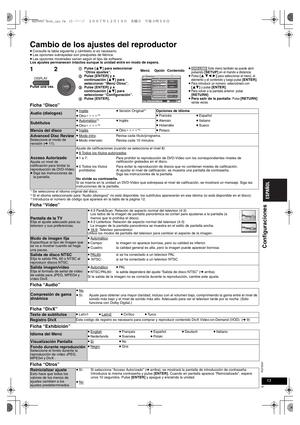 Cambio de los ajustes del reproductor, Confi guraci ones, Ficha “disco | Panasonic DVDLS83 User Manual | Page 67 / 108