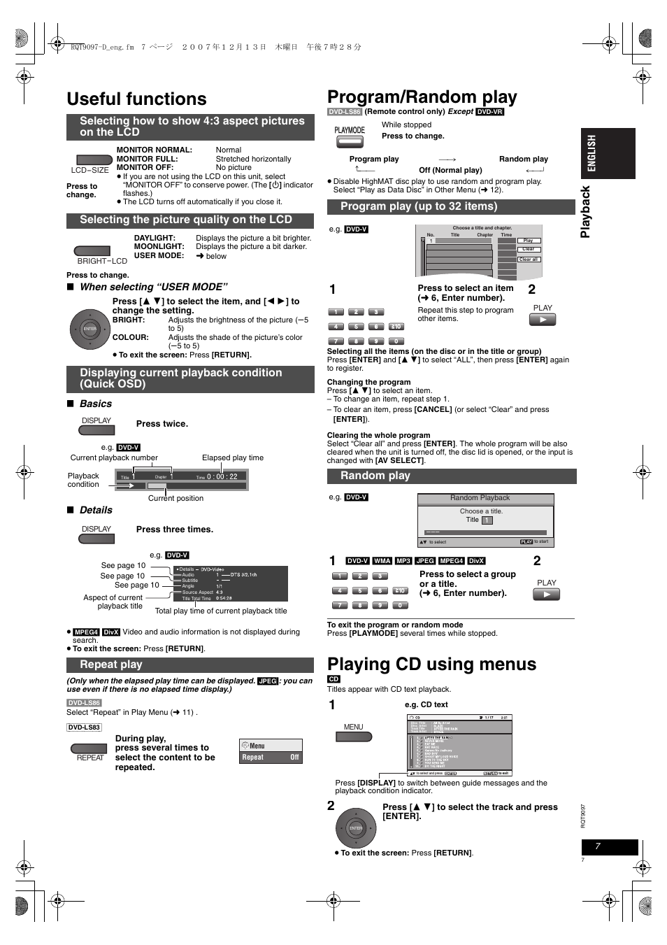 Useful functions, Program/random play, Playing cd using menus | Pl a ybac k, Selecting the picture quality on the lcd, Displaying current playback condition (quick osd), Repeat play, Program play (up to 32 items) random play, When selecting “user mode, Basics | Panasonic DVDLS83 User Manual | Page 7 / 108