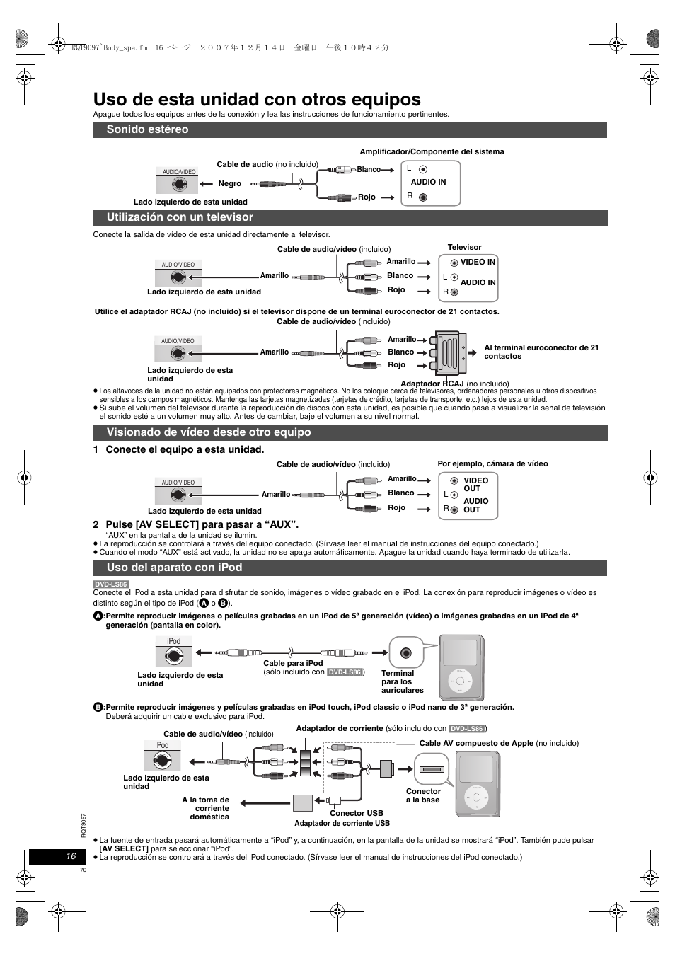 Uso de esta unidad con otros equipos | Panasonic DVDLS83 User Manual | Page 70 / 108