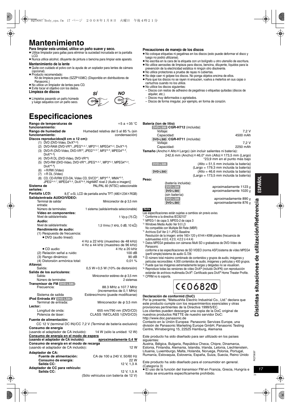 Mantenimiento, Especificaciones | Panasonic DVDLS83 User Manual | Page 71 / 108