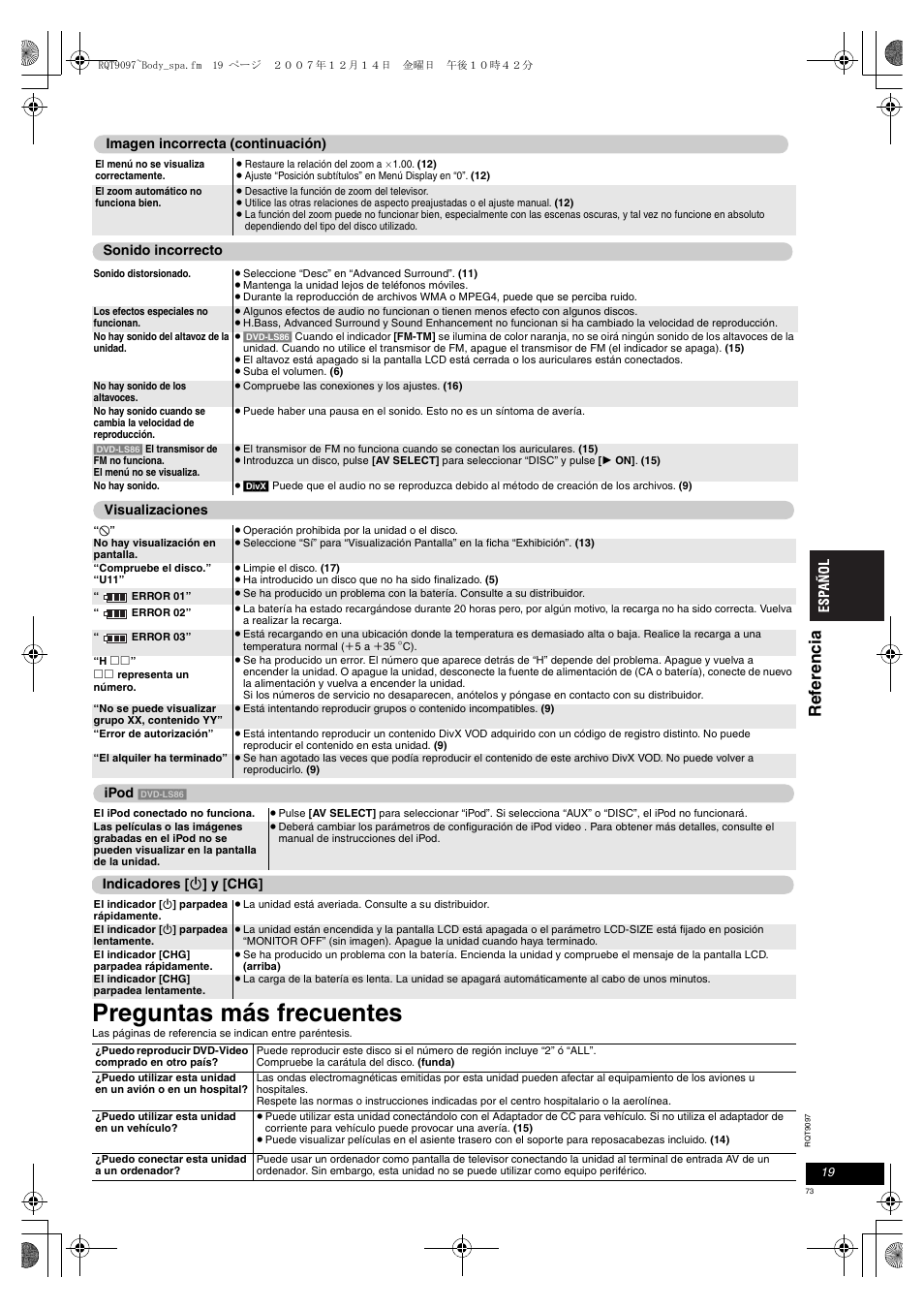 Preguntas más frecuentes, Re fe re ncia | Panasonic DVDLS83 User Manual | Page 73 / 108