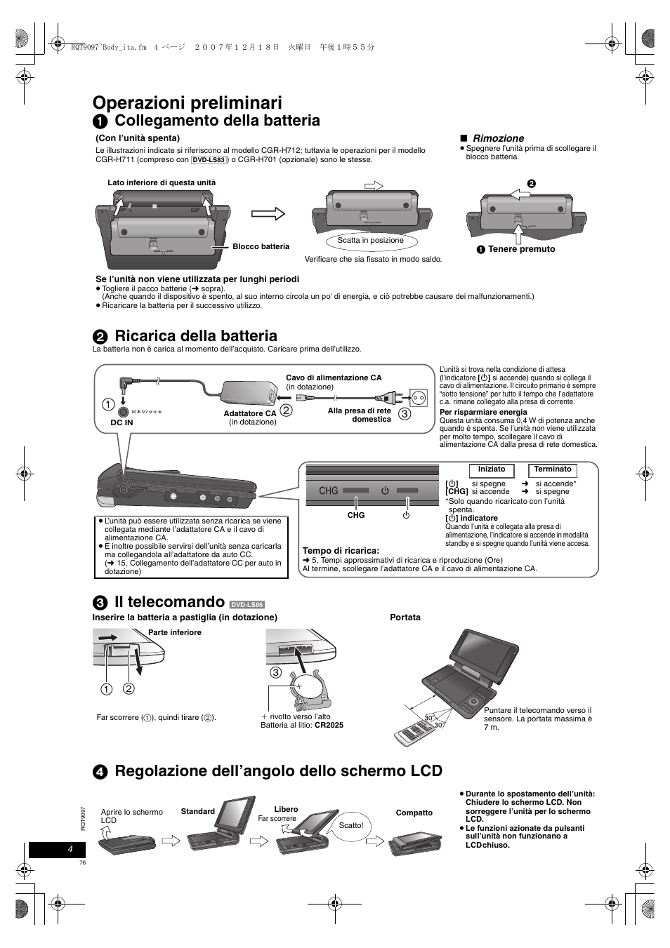 Operazioni preliminari, 3 il telecomando, 4 regolazione dell’angolo dello schermo lcd | Panasonic DVDLS83 User Manual | Page 76 / 108