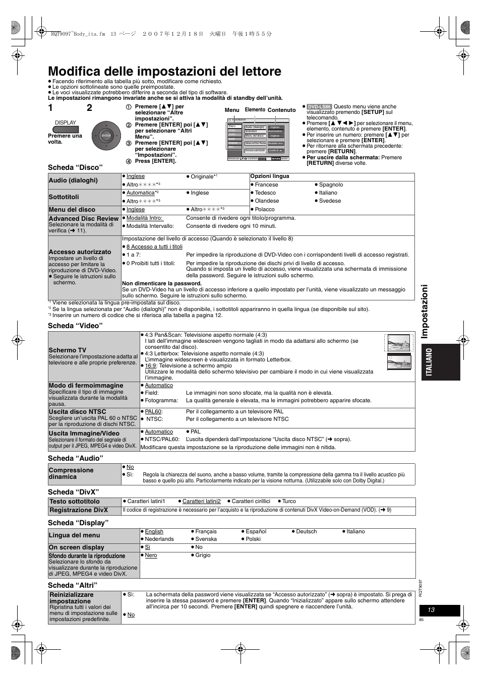 Modifica delle impostazioni del lettore, Impost azi oni, Scheda “disco | Panasonic DVDLS83 User Manual | Page 85 / 108