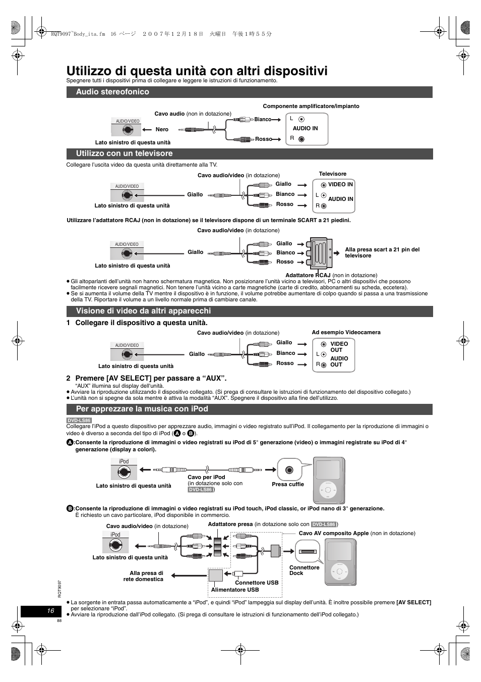 Utilizzo di questa unità con altri dispositivi | Panasonic DVDLS83 User Manual | Page 88 / 108