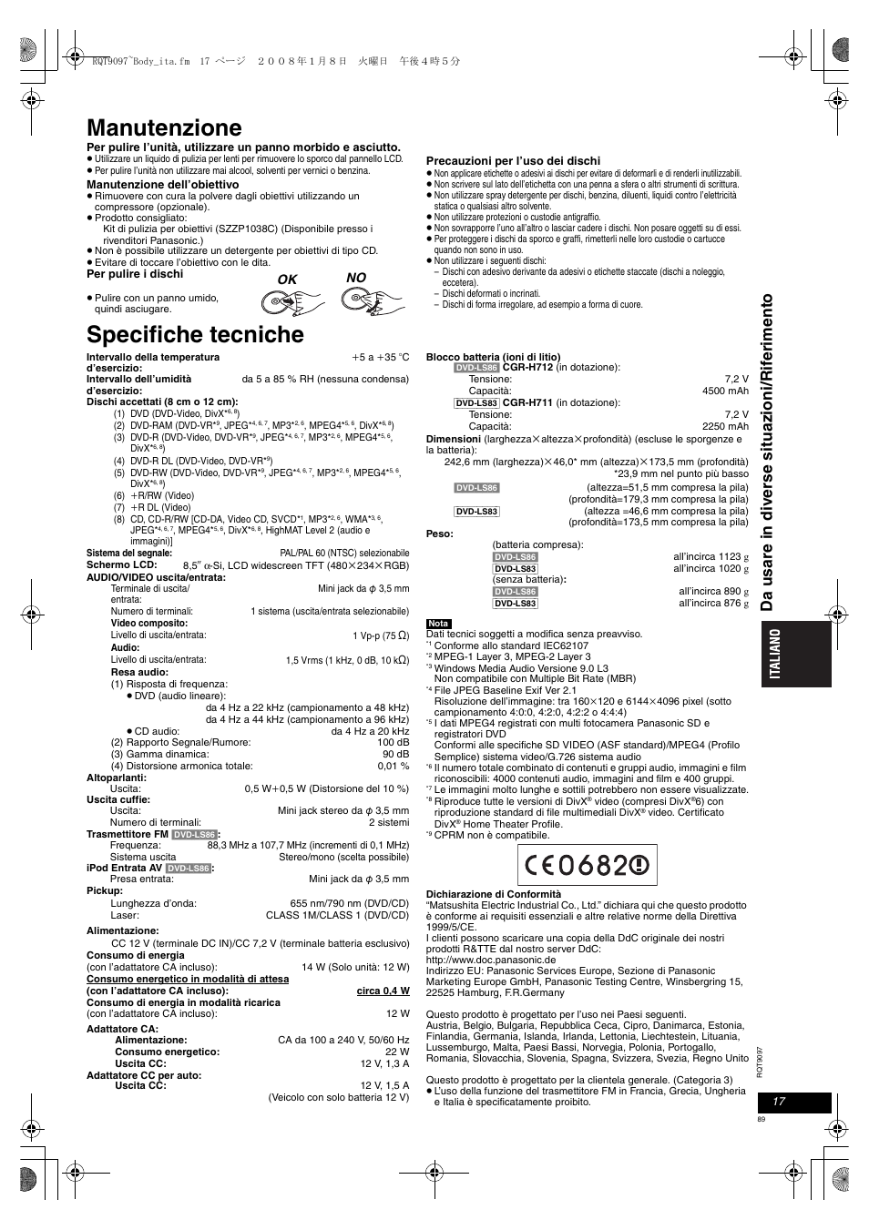 Manutenzione, Specifiche tecniche | Panasonic DVDLS83 User Manual | Page 89 / 108