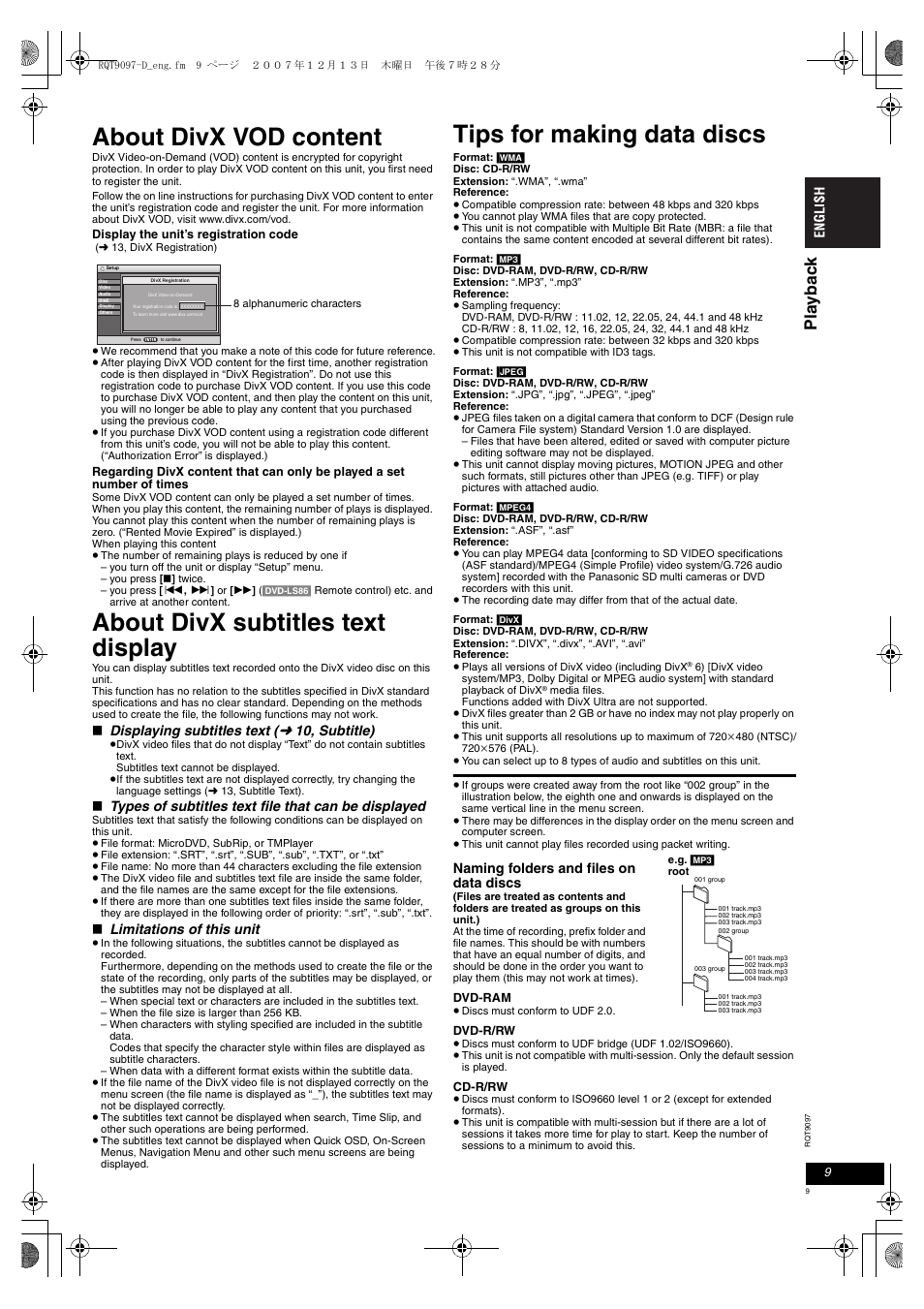 About divx vod content, About divx subtitles text display, Tips for making data discs | Pl a ybac k | Panasonic DVDLS83 User Manual | Page 9 / 108