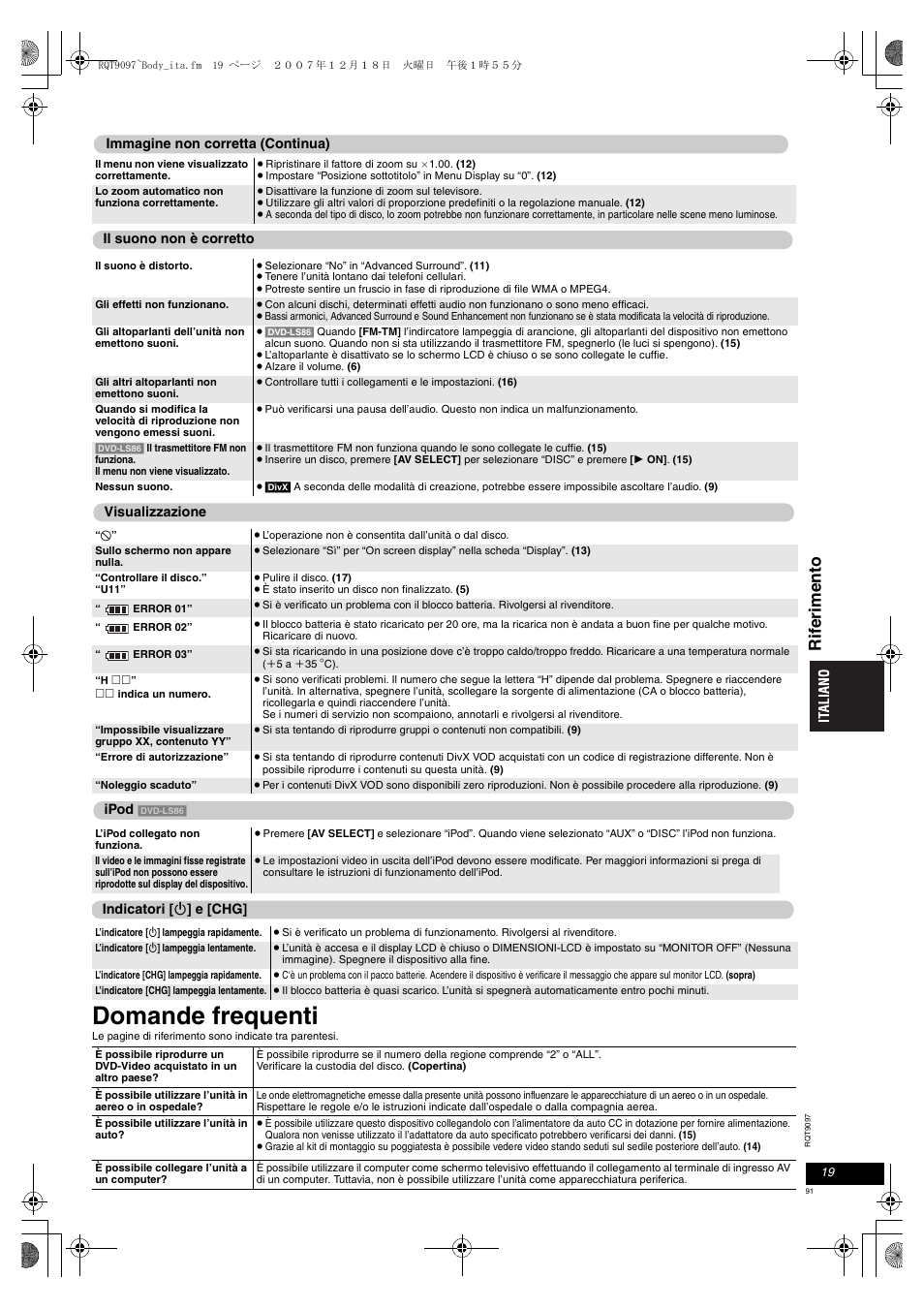 Domande frequenti, Rif e ri m e nto | Panasonic DVDLS83 User Manual | Page 91 / 108