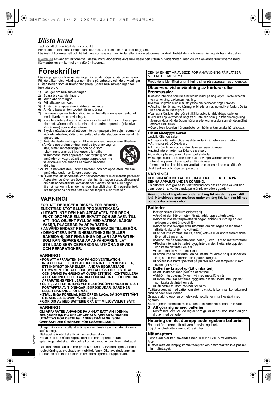 Bästa kund, Föreskrifter, Varning | Panasonic DVDLS83 User Manual | Page 92 / 108