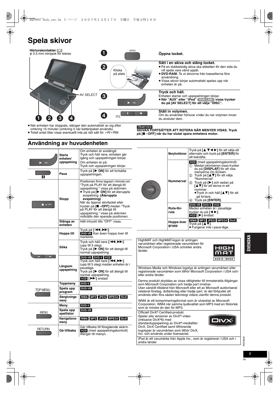 Spela skivor, Användning av huvudenheten | Panasonic DVDLS83 User Manual | Page 95 / 108