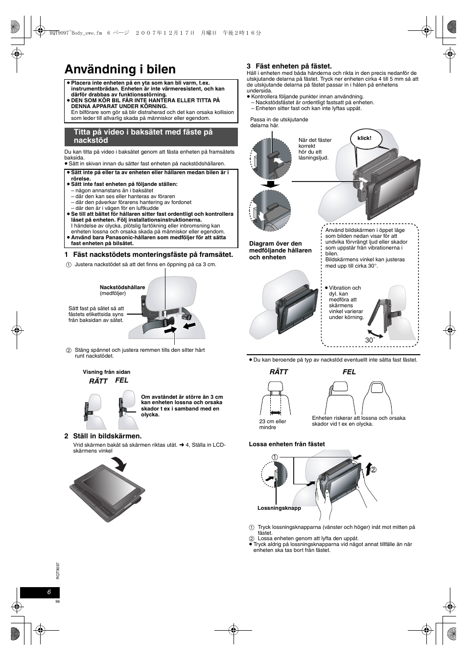 Användning i bilen, Titta på video i baksätet med fäste på nackstöd | Panasonic DVDLS83 User Manual | Page 96 / 108