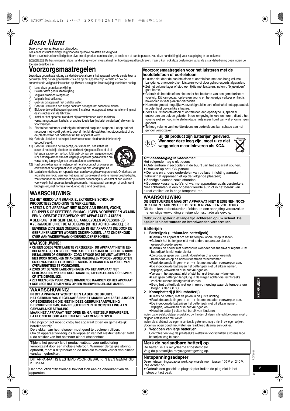 Beste klant, Voorzorgsmaatregelen, Waarschuwing | Panasonic DVDLS83 User Manual | Page 97 / 108