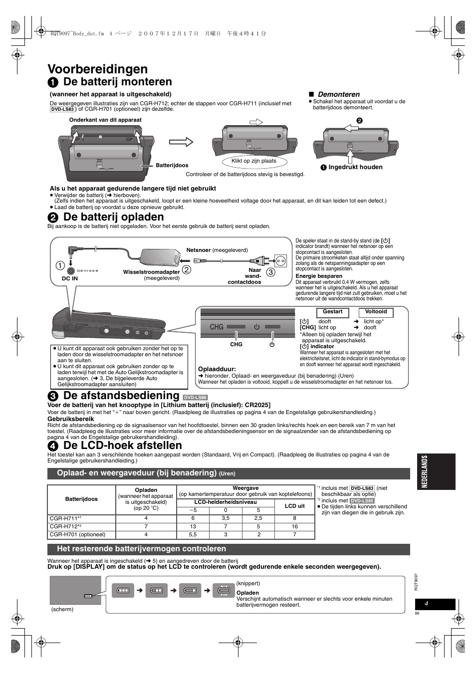 Voorbereidingen, 1 de batterij monteren 2 de batterij opladen, 3 de afstandsbediening | 4 de lcd-hoek afstellen, Oplaad- en weergaveduur (bij benadering), Het resterende batterijvermogen controleren | Panasonic DVDLS83 User Manual | Page 99 / 108