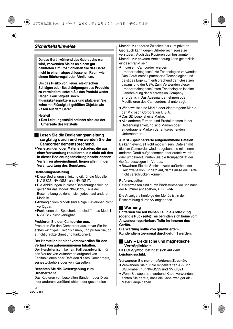 Sicherheitshinweise | Panasonic NVGS21EG User Manual | Page 2 / 236