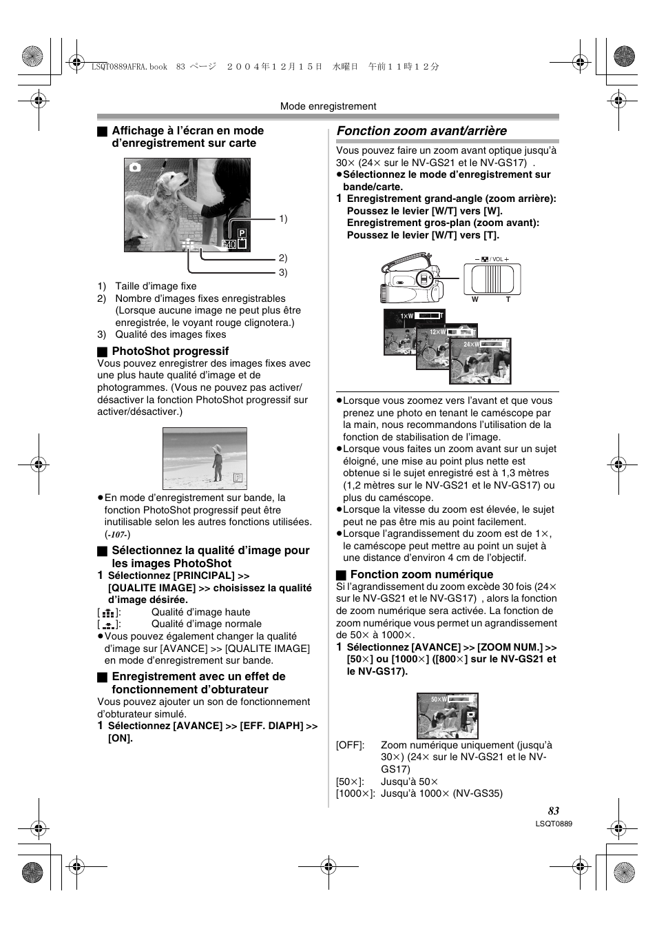 Fonction zoom avant/arrière | Panasonic NVGS21EG User Manual | Page 83 / 236