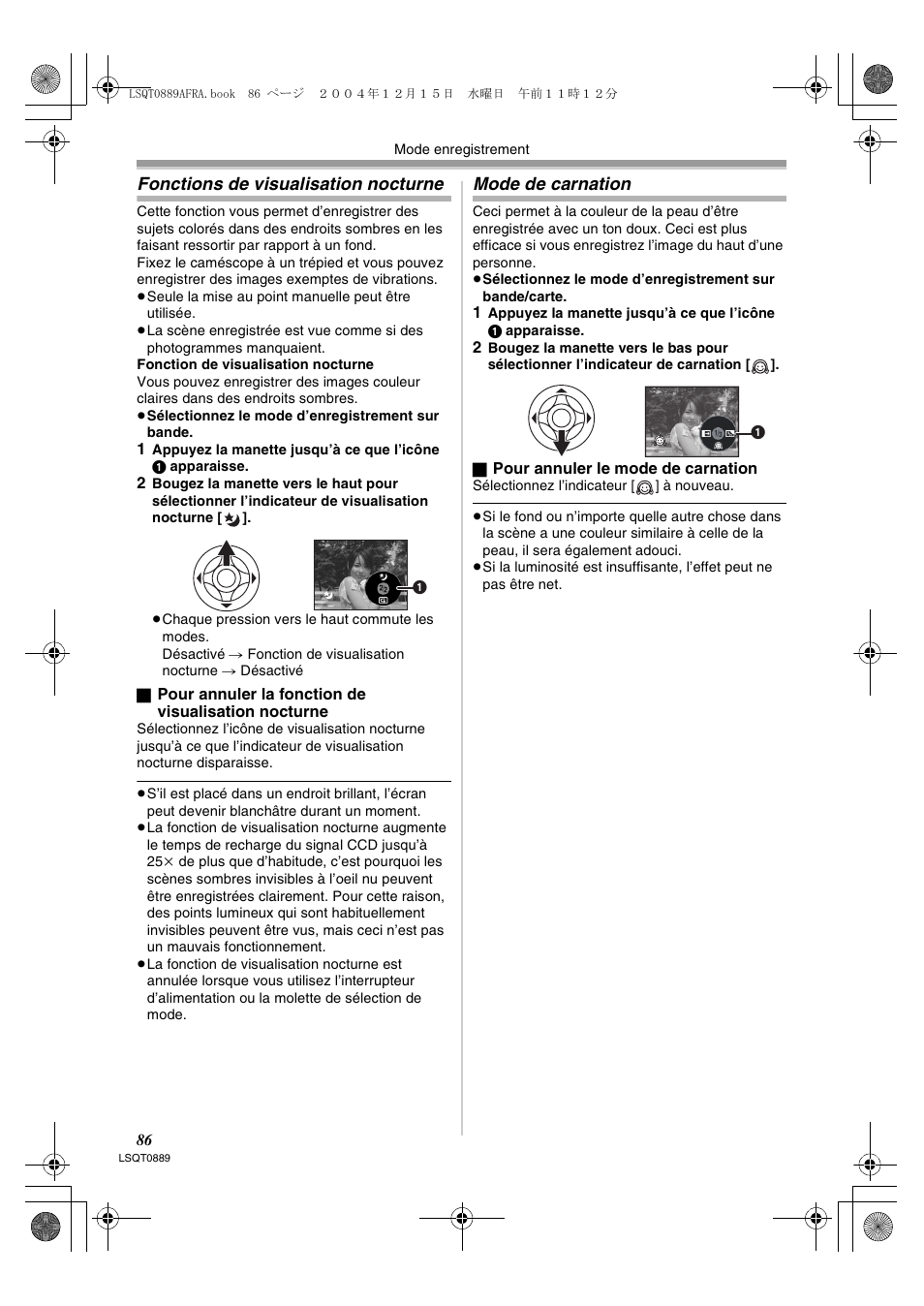 Fonctions de visualisation nocturne, Mode de carnation | Panasonic NVGS21EG User Manual | Page 86 / 236