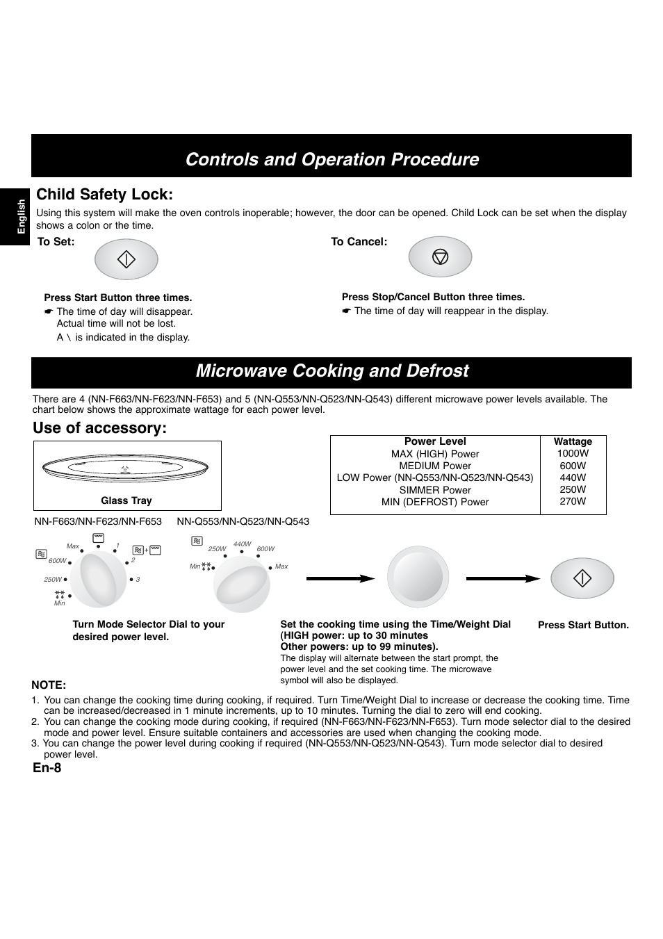 Microwave cooking and defrost, Controls and operation procedure, Use of accessory | Child safety lock, En-8 | Panasonic NNF663 User Manual | Page 10 / 175