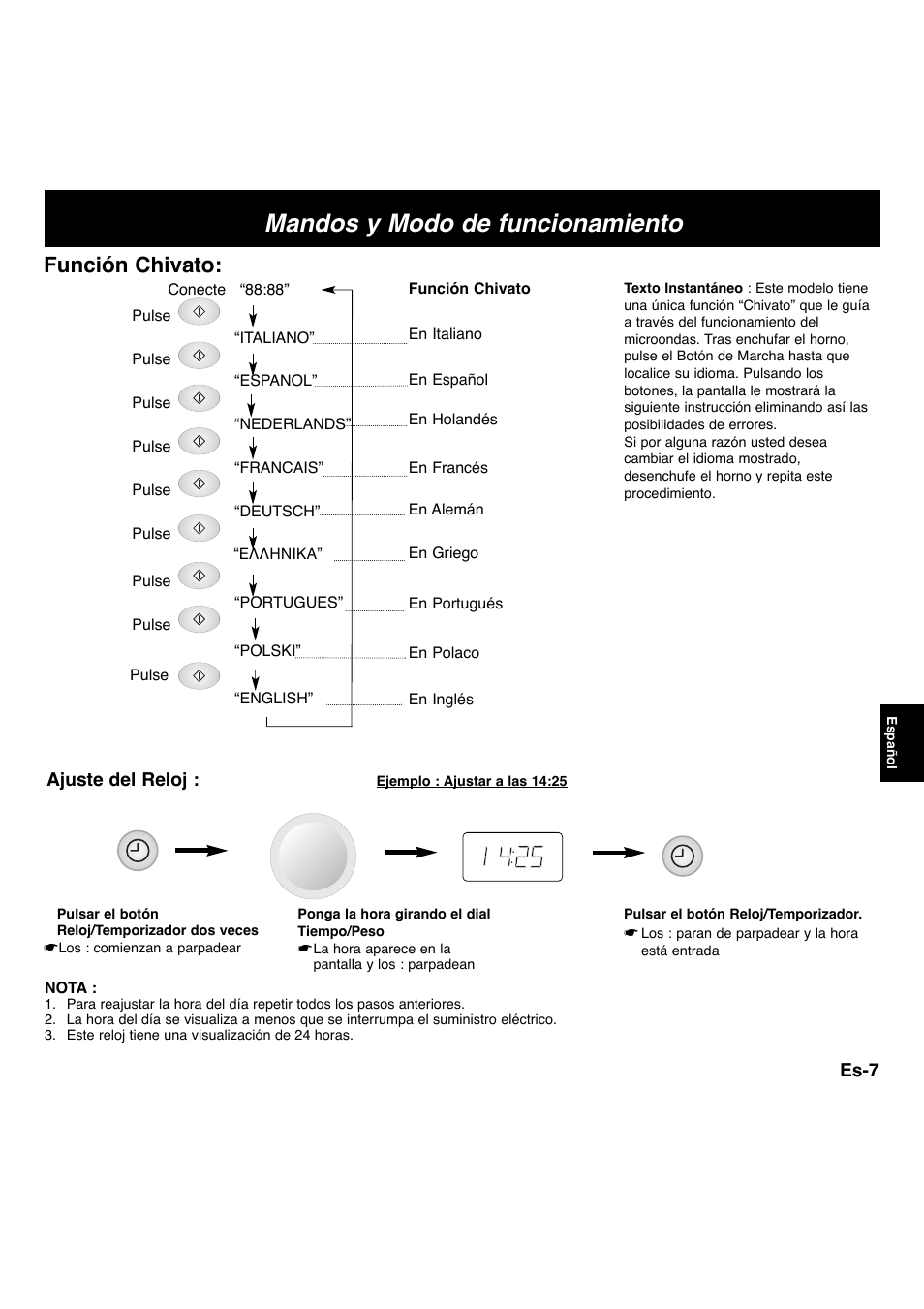 Mandos y modo de funcionamiento, Función chivato | Panasonic NNF663 User Manual | Page 105 / 175