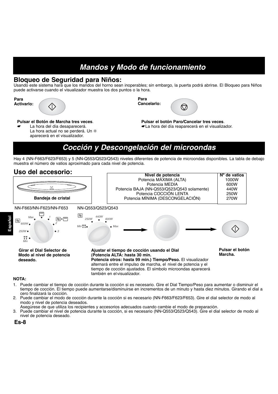Cocción y descongelación del microondas, Mandos y modo de funcionamiento, Uso del accesorio | Bloqueo de seguridad para niños, Es-8 | Panasonic NNF663 User Manual | Page 106 / 175