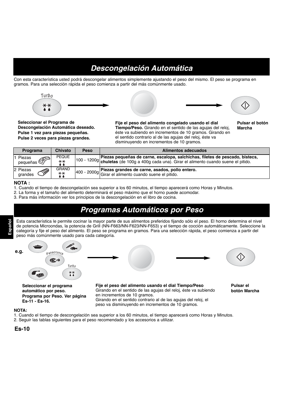 Descongelación automática, Programas automáticos por peso, Es-10 | Panasonic NNF663 User Manual | Page 108 / 175