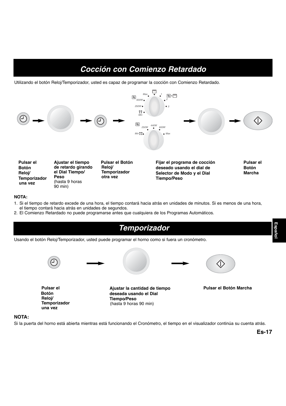 Cocción con comienzo retardado, Temporizador, Es-17 | Panasonic NNF663 User Manual | Page 115 / 175