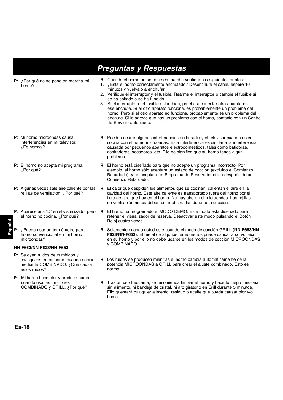 Preguntas y respuestas, Es-18 | Panasonic NNF663 User Manual | Page 116 / 175