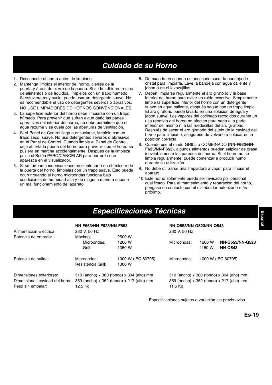 Cuidado de su horno especificaciones técnicas, Es-19 | Panasonic NNF663 User Manual | Page 117 / 175