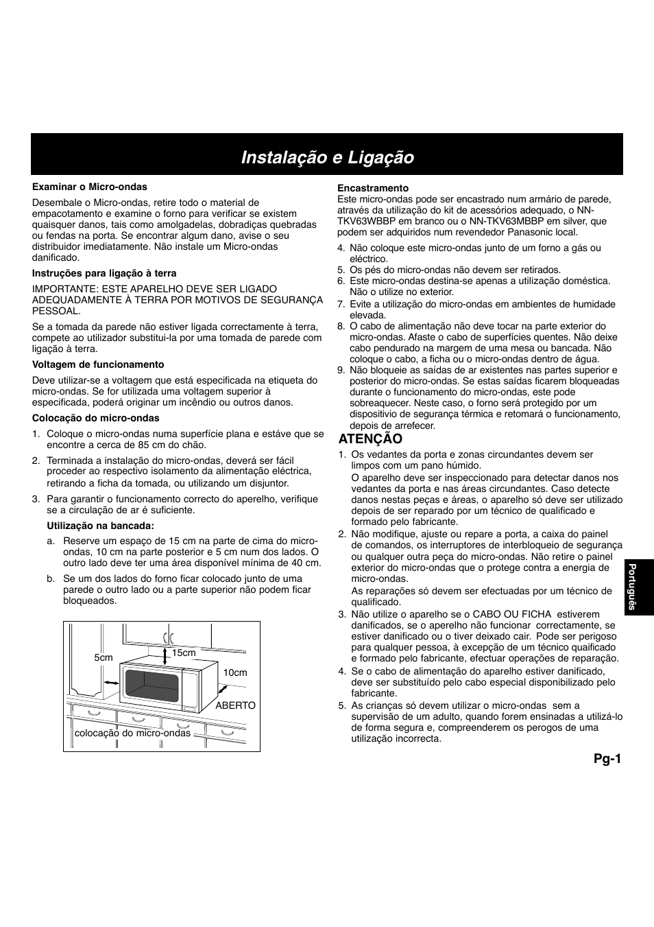 Instalação e ligação, Atenção, Pg-1 | Panasonic NNF663 User Manual | Page 118 / 175