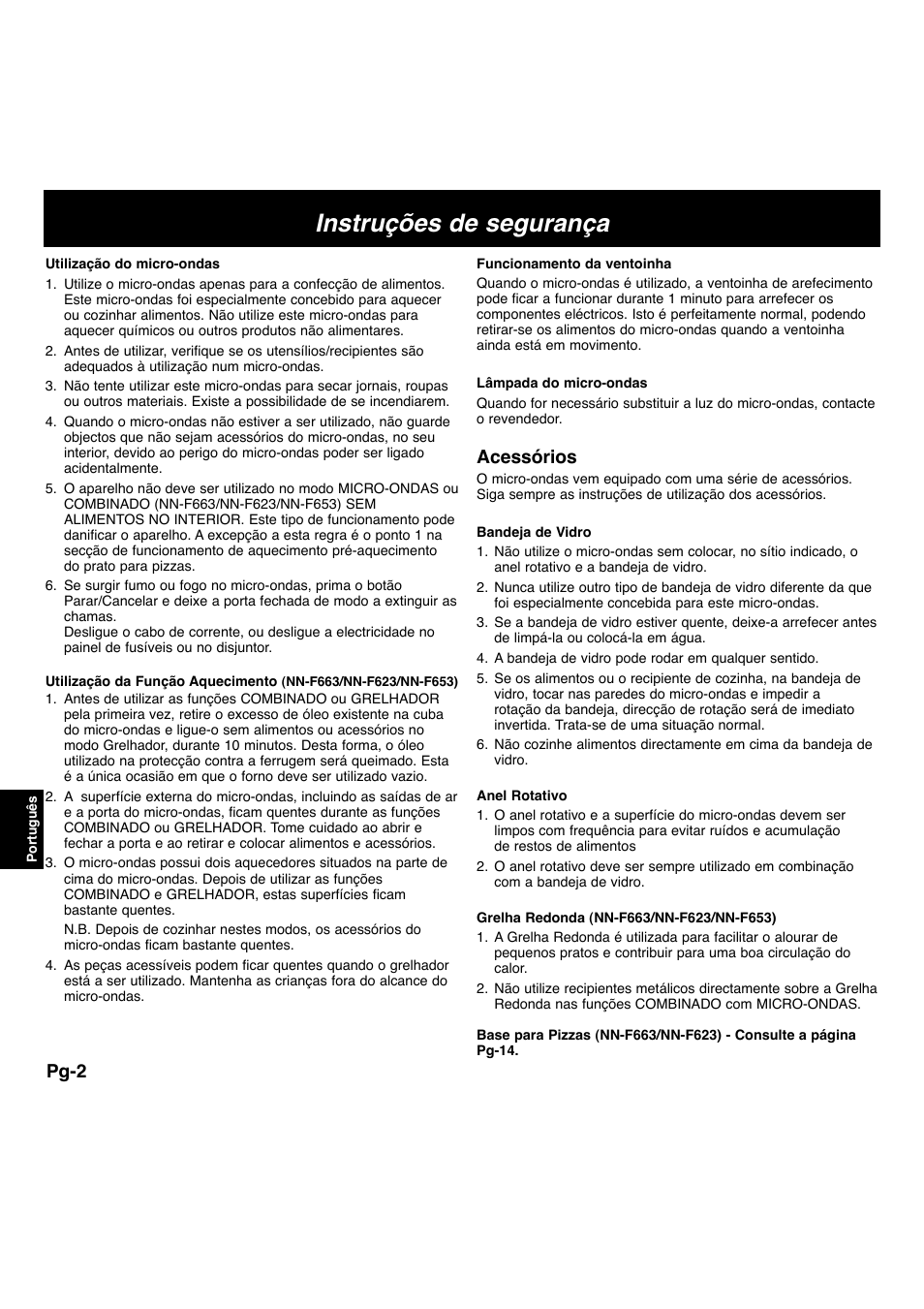 Instruções de segurança, Pg-2, Acessórios | Panasonic NNF663 User Manual | Page 119 / 175