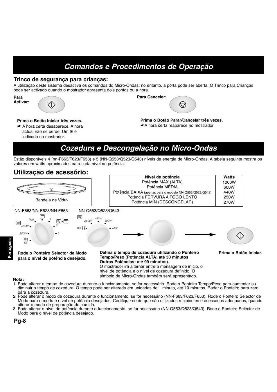 Cozedura e descongelação no micro-ondas, Comandos e procedimentos de operação, Utilização de acessório | Pg-8, Trinco de segurança para crianças | Panasonic NNF663 User Manual | Page 125 / 175