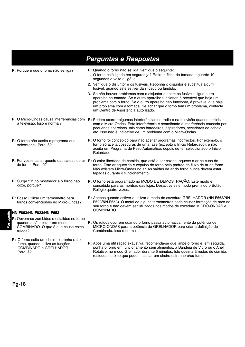 Perguntas e respostas, Pg-18 | Panasonic NNF663 User Manual | Page 135 / 175