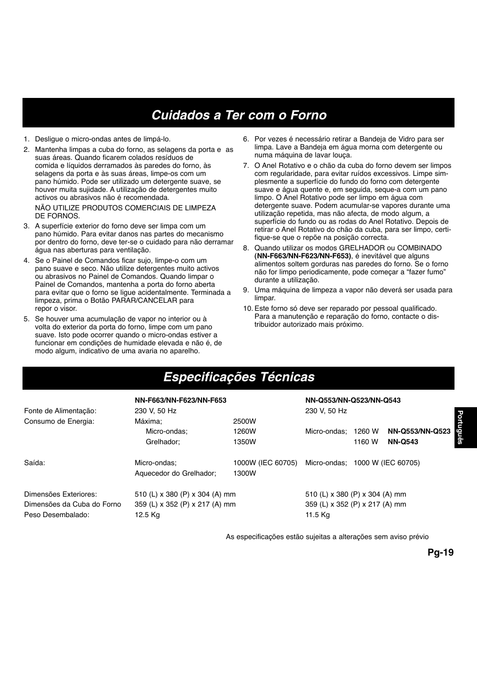 Cuidados a ter com o forno especificações técnicas, Pg-19 | Panasonic NNF663 User Manual | Page 136 / 175