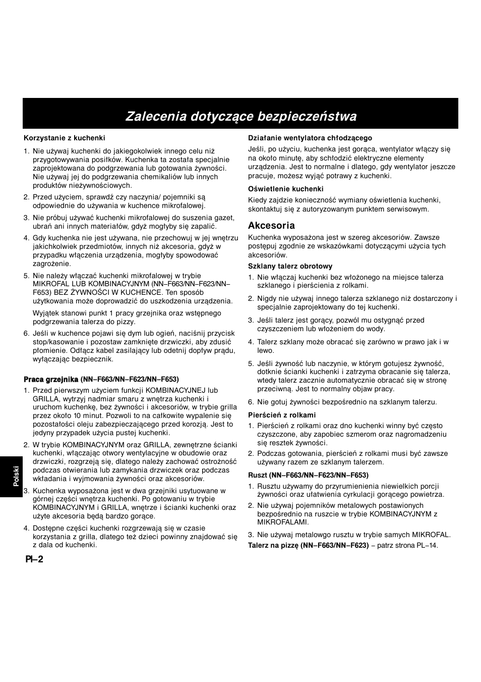 Zalecenia dotyczące bezpieczeństwa, Pl-2, Akcesoria | Panasonic NNF663 User Manual | Page 138 / 175