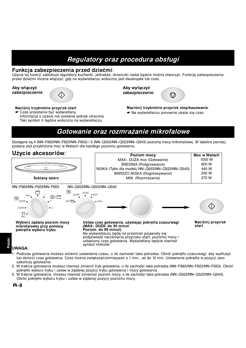Gotowanie oraz rozmrażanie mikrofalowe, Regulatory oraz procedura obsługi, Użycie akcesoriów | Funkcja zabezpieczenia przed dziećmi, Pl-8 | Panasonic NNF663 User Manual | Page 144 / 175