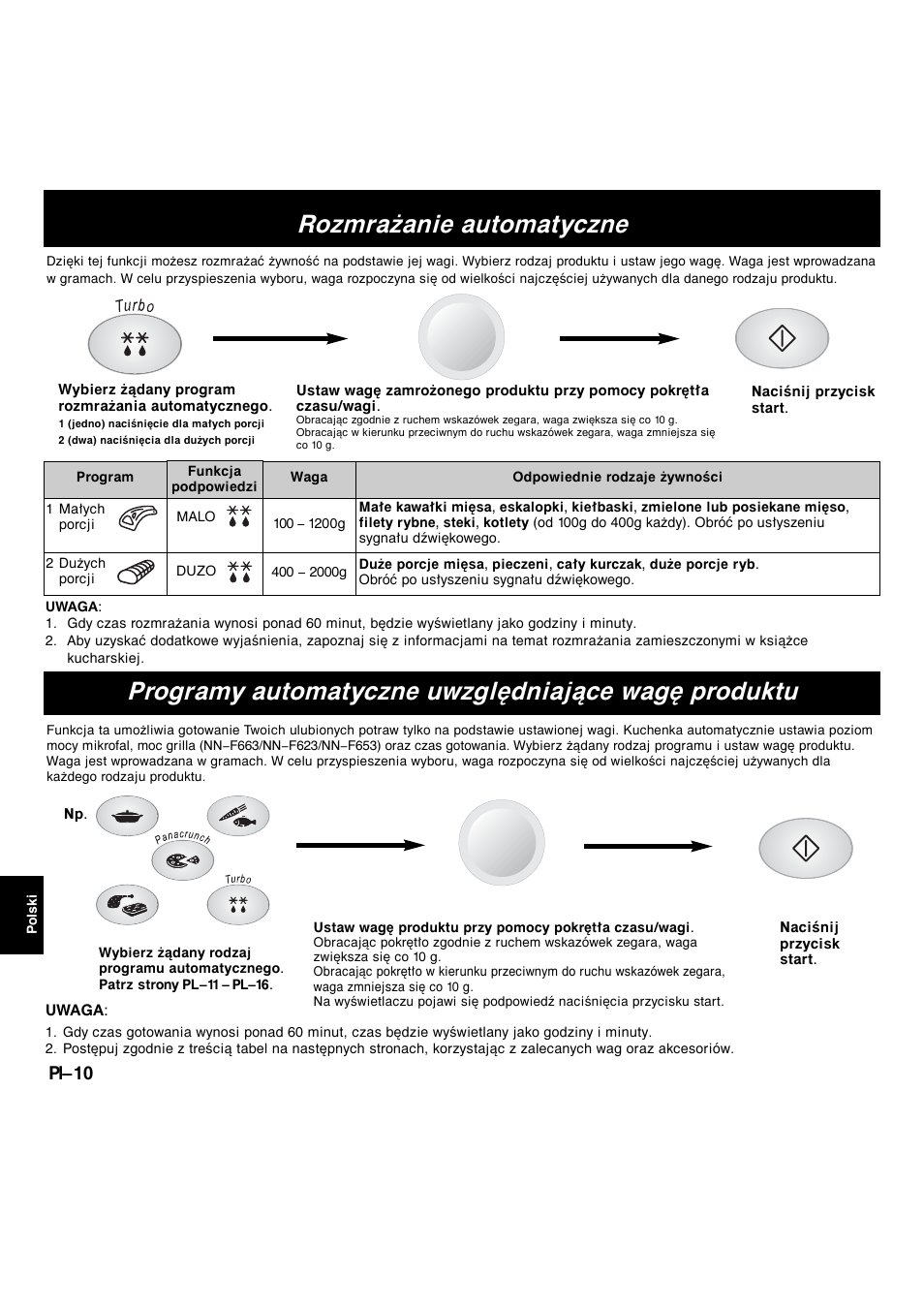 Rozmrażanie automatyczne, Programy automatyczne uwzględniające wagę produktu, Pl-10 | Panasonic NNF663 User Manual | Page 146 / 175