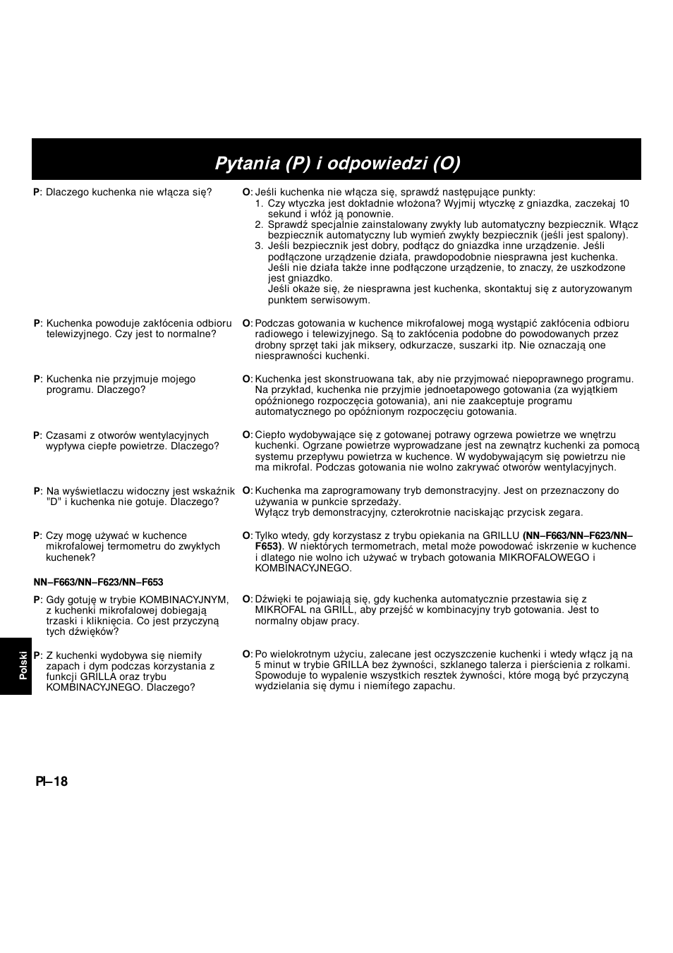 Pytania (p) i odpowiedzi (o), Pl-18 | Panasonic NNF663 User Manual | Page 154 / 175