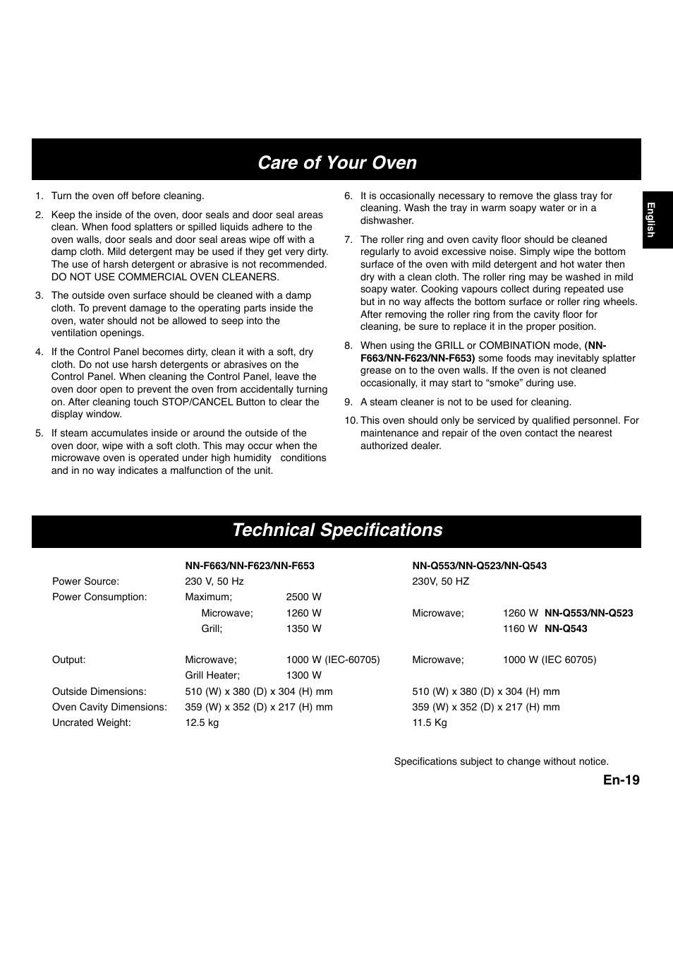 Care of your oven technical specifications, En-19 | Panasonic NNF663 User Manual | Page 21 / 175