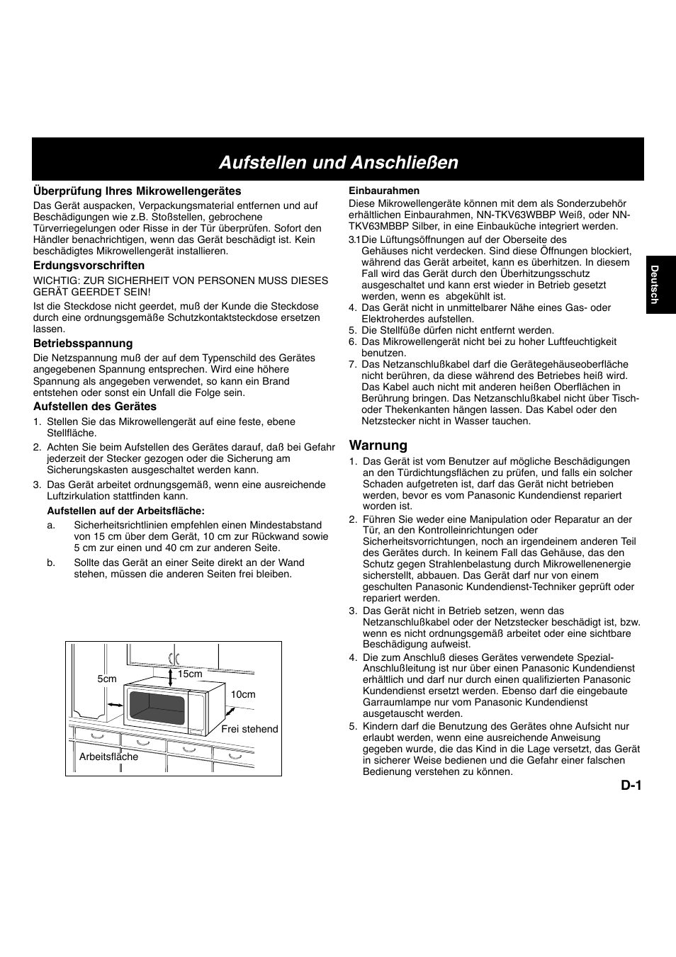 Aufstellen und anschließen, Warnung | Panasonic NNF663 User Manual | Page 22 / 175